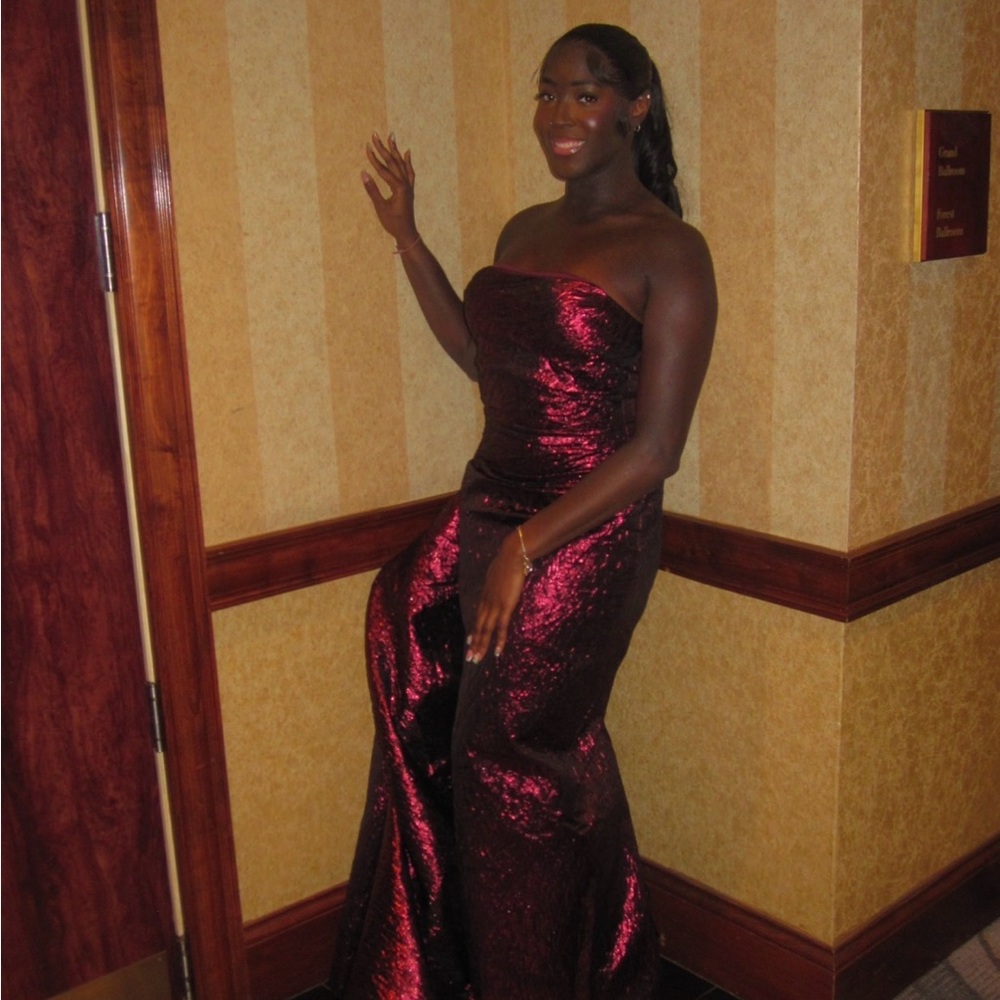 Strapless Metallic Evening Gown in Deep Berry